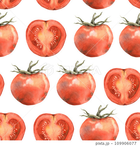 Seamless watercolor surface pattern from fresh ripe tomatoes. Hand drawn botanical illustrations on isolated background. It can be used in print design, for cards, wallpaper, fabrics. 109906077
