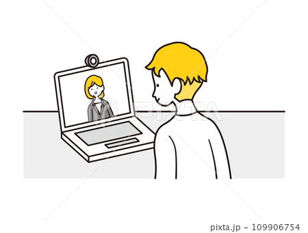 オンラインの打ち合わせをする女性会社員と男性客のイラスト素材 オンラインの打ち合わせをする女性会社員と男性客のイラスト素材 109906754