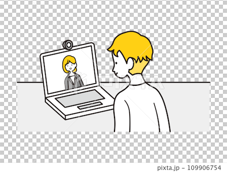 オンラインの打ち合わせをする女性会社員と男性客のイラスト素材 オンラインの打ち合わせをする女性会社員と男性客のイラスト素材 109906754
