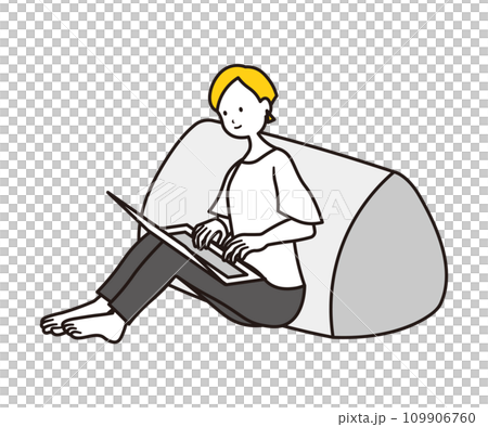 Illustration material of a Japanese woman working on a laptop while leaning on a cushion Illustration material of a Japanese woman working on a laptop while leaning on a cushion 109906760