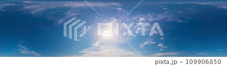 Blue summer sky dome panorama with clouds, no ground, suitable for easy use in 3D graphics and composite aerial and ground panoramas, seamless and perfect for sky replacement. Blue summer sky dome panorama with clouds, no ground, suitable for easy use in 3D graphics and composite aerial and ground panoramas, seamless and perfect for sky replacement. 109906850