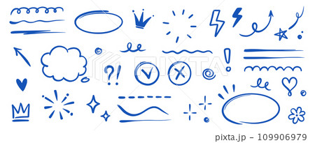 Hand drawn blue highlight, text underline, emphasis mark, line shape set. Hand drawn scribble arrow, love heart, speech bubble, crown element. Marker, pen brush stroke. Vector 109906979