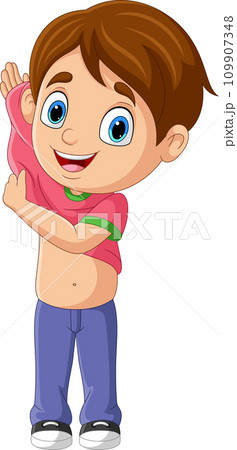 Cartoon little boy putting up clothes Cartoon little boy putting up clothes 109907348