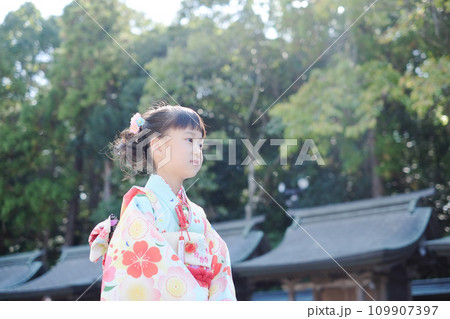 七五三で晴れ着を着て歩く女の子 七五三で晴れ着を着て歩く女の子 109907397