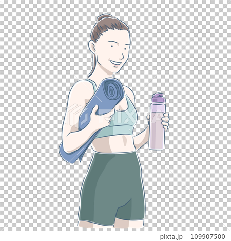 Woman with yoga mat and water bottle Woman with yoga mat and water bottle 109907500