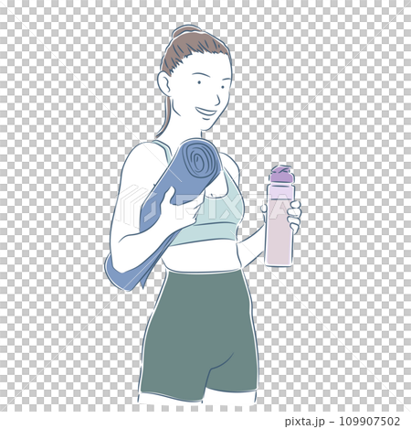 Woman with yoga mat and water bottle Woman with yoga mat and water bottle 109907502