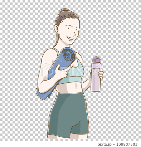 Woman with yoga mat and water bottle 109907503