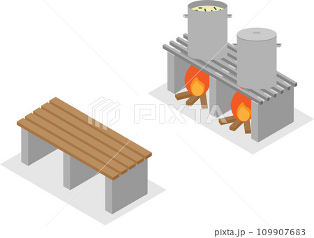 アイソメトリックな防災ベンチで炊き出しを行っているイメージ素材 109907683