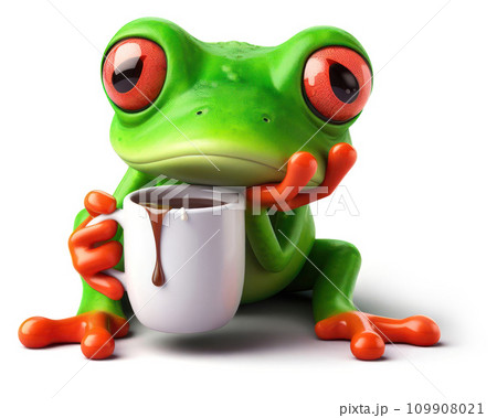 great 3d illustration of a funny red eyed tree frog exhausted with coffee great 3d illustration of a funny red eyed tree frog exhausted with coffee 109908021
