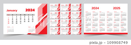 Monthly calendar template for 2024 year. The Week start on Sunday. Desk calendar 2024 design, simple and clean design, Wall calendar for print, digital calendar, Corporate design planner template 109908749