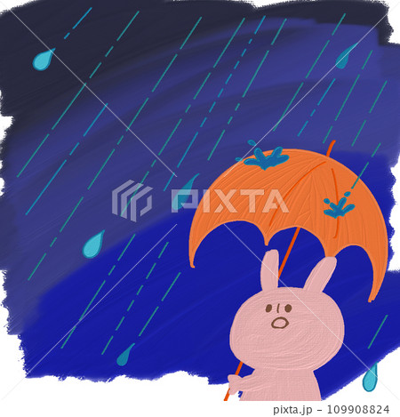 雨の日の傘をさすうさぎのイラスト 109908824