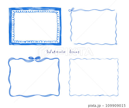 水彩タッチの大人かわいいシンプルな飾り枠のセット［長方形・横型・青・リボン］ 109909015