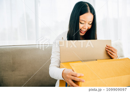 In the living room a smiling woman unpacks an online shopping cardboard box on the couch. Her excitement reveals the pleasure of receiving the order from shopping online. 109909097