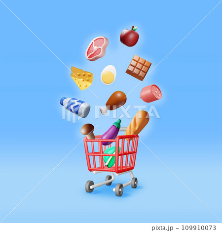 3D Shopping Cart with Fresh Products. 109910073