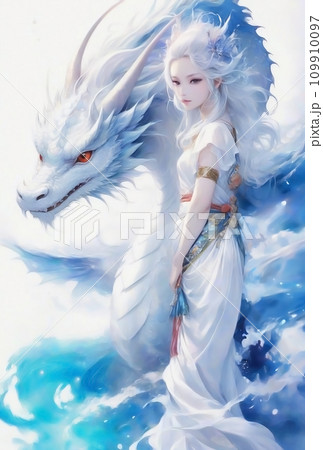 罔象女神, 瀬織津姫, 水神, 白龍の開運 イラスト アート(AI生成画像) 罔象女神, 瀬織津姫, 水神, 白龍の開運 イラスト アート(AI生成画像) 109910097