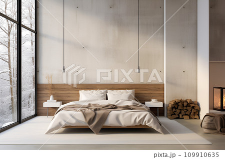 AI-generated content. Modern interior of cozy bedroom with bed 109910635
