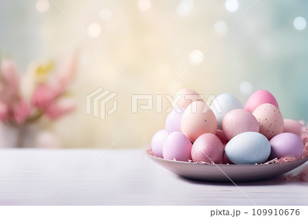 AI-generated content. Easter eggs on served table in pastel colors with flowers 109910676