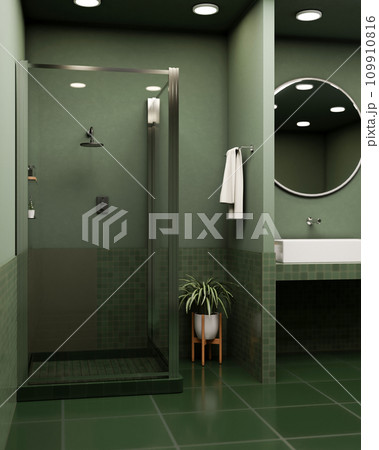 A modern green bathroom with a shower, a sink and round mirror, a green wall and tiles floor. A modern green bathroom with a shower, a sink and round mirror, a green wall and tiles floor. 109910816