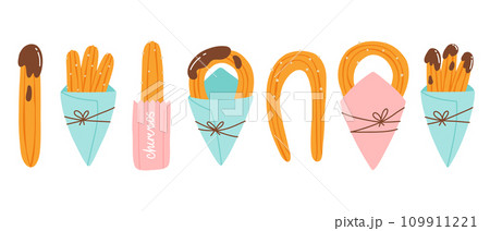 Set of churros in paper bags. Collection of Mexican churros. Vector illustration in flat hand drawn style. 109911221