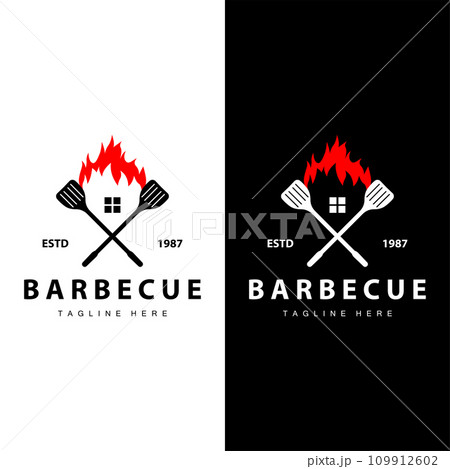Barbeque logo design bar restaurant hot grill fire logo and spatula simple illustration 109912602