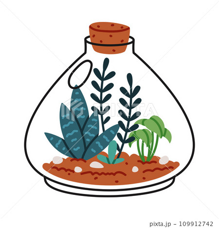 Home Florarium with Plant in Glass Transparent Vessel Vector Illustration Home Florarium with Plant in Glass Transparent Vessel Vector Illustration 109912742