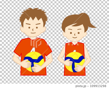 バレーボールのユニフォームを着てボールを持つ男の子と女の子 バレーボールのユニフォームを着てボールを持つ男の子と女の子 109913298