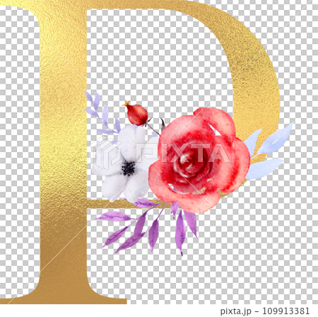 Alphabet and flower watercolor clipart, PNG 109913381
