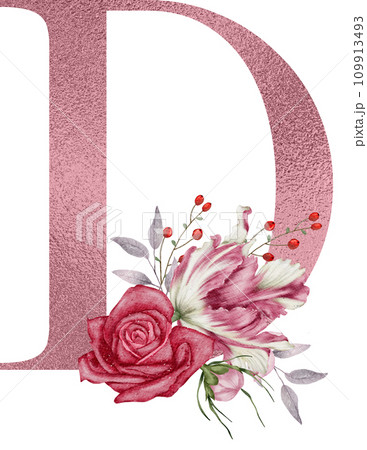Alphabet and flower watercolor clipart, PNG 109913493