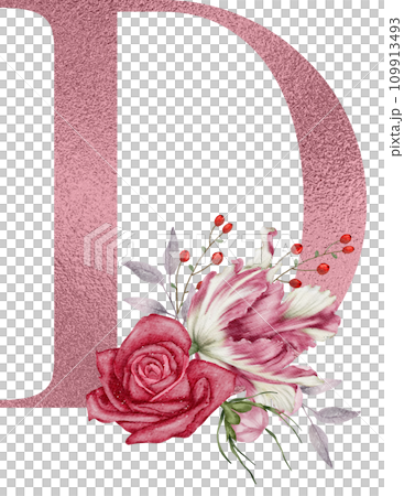Alphabet and flower watercolor clipart, PNG 109913493