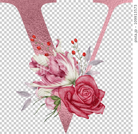 Alphabet and flower watercolor clipart, PNG 109913573
