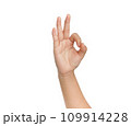 Clipping path, Hand showing OK symbol on isolated on white background. 109914228