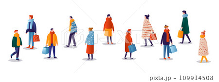 people in winter clothes holding shopping bags season big sale special offer promotion discount horizontal full length 109914508