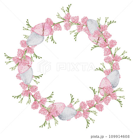 Easter wreath with eggs watercolor clipart 109914608