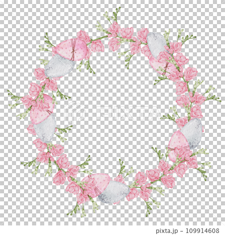 Easter wreath with eggs watercolor clipart 109914608