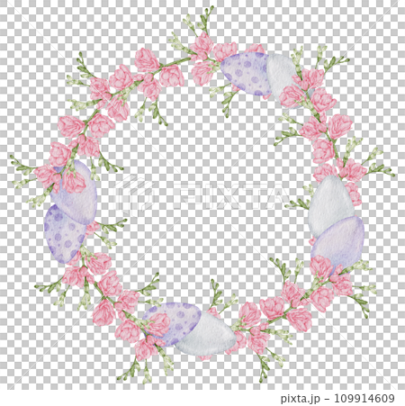 Easter wreath with eggs watercolor clipart 109914609