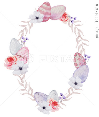 Easter wreath with eggs watercolor clipart 109914610
