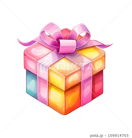 Watercolor Isometric Gift Box. Colored Gift Box with Ribbon isolated PNG 109914703