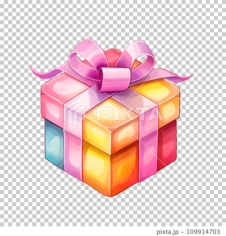 Watercolor Isometric Gift Box. Colored Gift Box with Ribbon isolated PNG 109914703