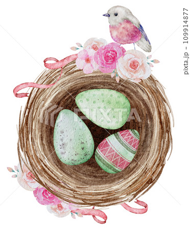 Easter eggs in nest watercolor clipart Easter eggs in nest watercolor clipart 109914877