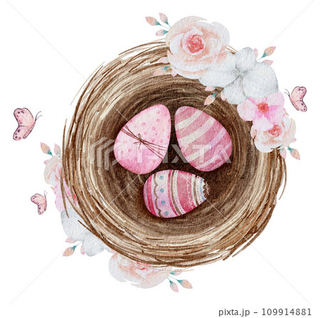 Easter eggs in nest watercolor clipart 109914881