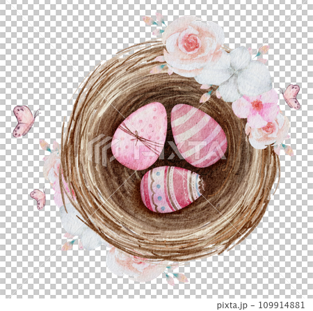 Easter eggs in nest watercolor clipart 109914881