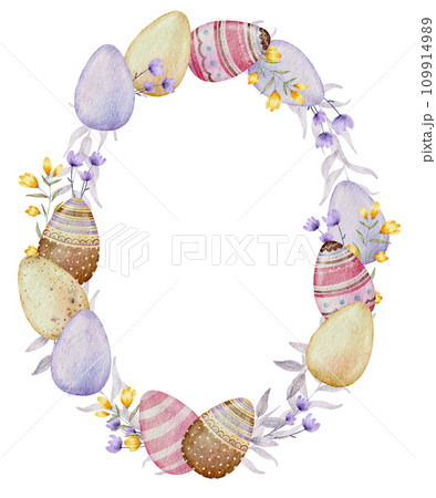 Easter Wreath watercolor with eggs 109914989