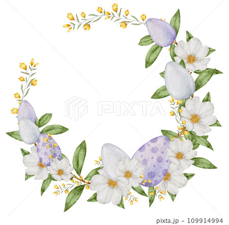 Easter Wreath watercolor with eggs 109914994