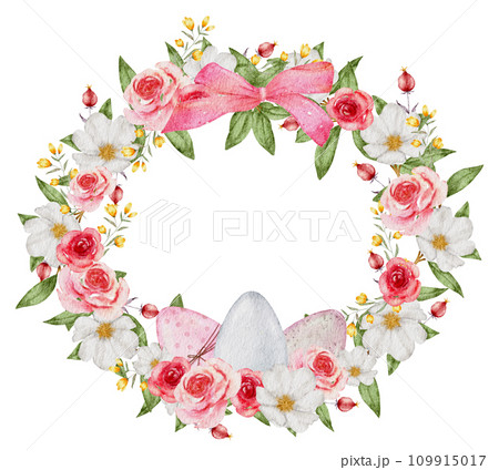 Easter Wreath watercolor with eggs 109915017