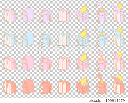 Vector illustration set: School bags seen from various angles_color variations 109915479