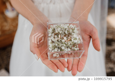 Gold ring with a diamond on a woman's hand. Gold ring on the bride's hand 109915795