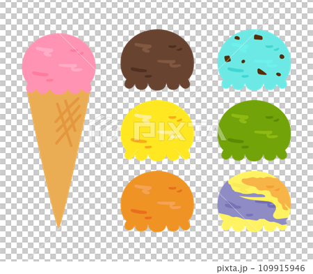 ミントチョコアイス、チョコアイスなどのカラフルなアイスクリームのイラスト。ベクターイラスト。 109915946