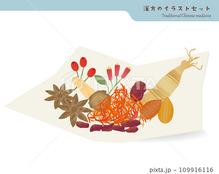 薬包紙に包まれた漢方薬の素材のイラストセット 109916116