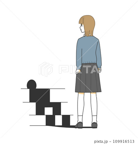 階段の前で立ちすくむ女子学生 109916513