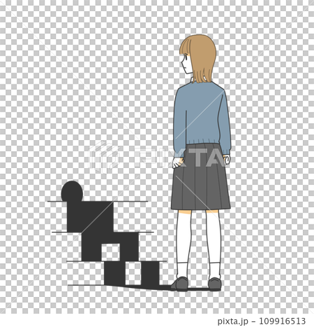 階段の前で立ちすくむ女子学生 109916513